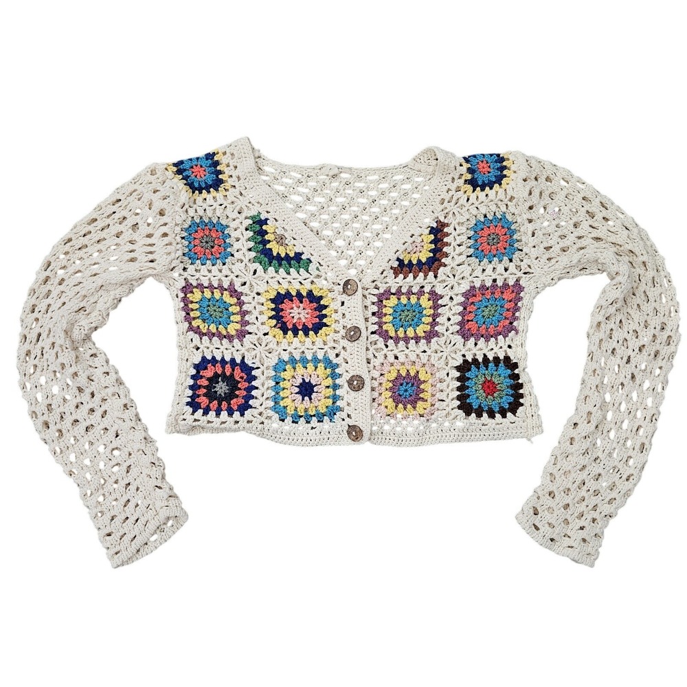Debut‎ Cardigan Womens XS Cream Crochet Granny Square Patchwork Cropped Bohemian